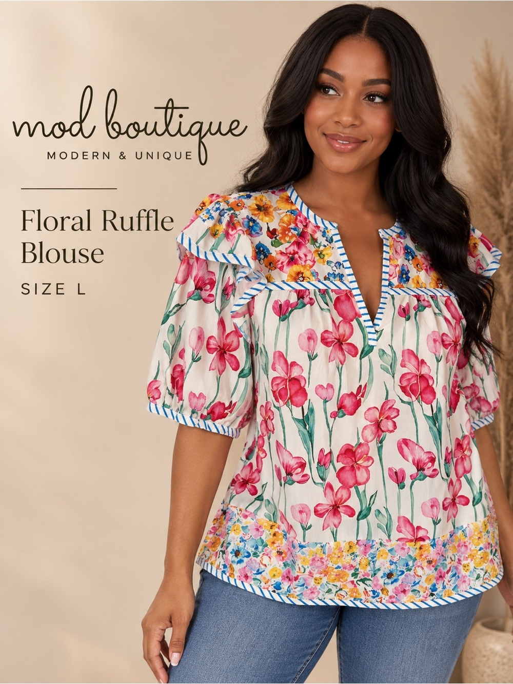 Mod Boutique Floral Ruffle Blouse Multicolor Size L